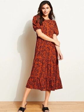 Eliza J Rust & Black Leaf-Print Midi Dress